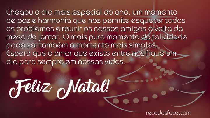 Chegou o dia mais especial do ano, um momento de paz e harmonia que nos permite esquecer todos os problemas e reunir os nossos amigos à volta da mesa de jantar. O mais puro momento de felicidade pode ser também o momento mais simples.
Espero que o amor que existe entre nós fique um dia para sempre em nossas vidas. Feliz Natal.